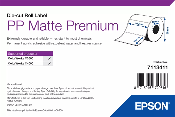 Epson PP Matte Label Premium, Die-cut labels, 102 x 76mm ( 365 Labels )