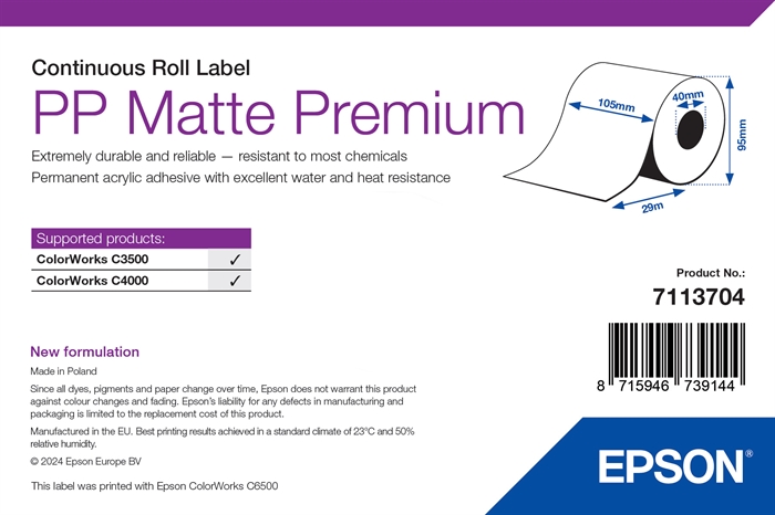 Epson PP Matte Label Premium, Continuous Roll, 105mm x 29m