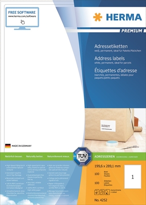 HERMA Premium Label A4 100 199.6 x 289.1 mm, 100 pieces.